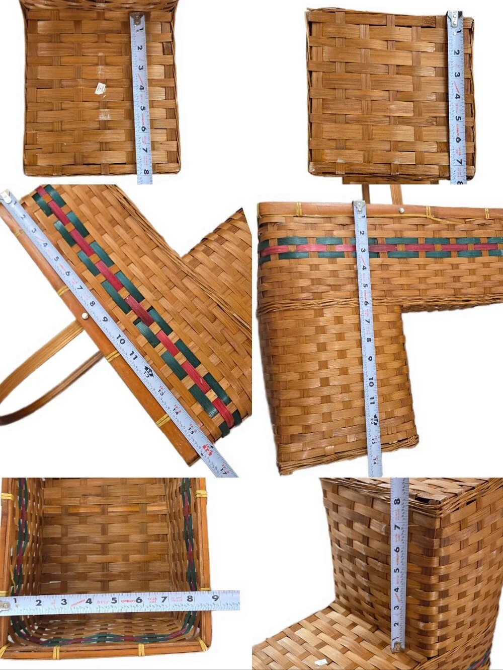Vintage Rustic Woven Stair Step Wicker Basket Organizer Green Red Stripe Cottage